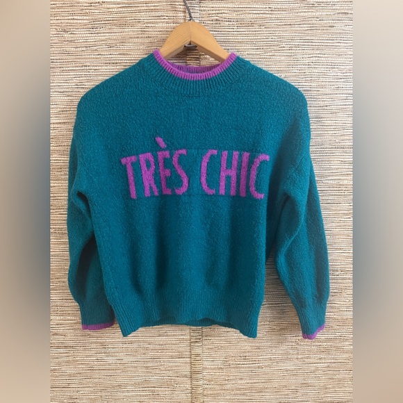 Code x Mode Sweater Blue Pink Tres Chic Spellout Crew Neck Women Small - Picture 1 of 9